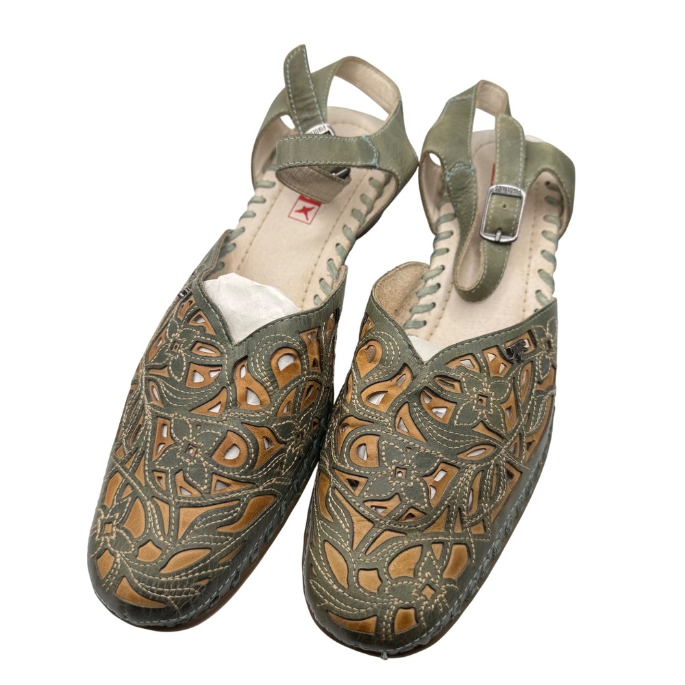 Pikolinos Green Leather Laser Cut Floral Sandals Shoes Womens 39 Spain